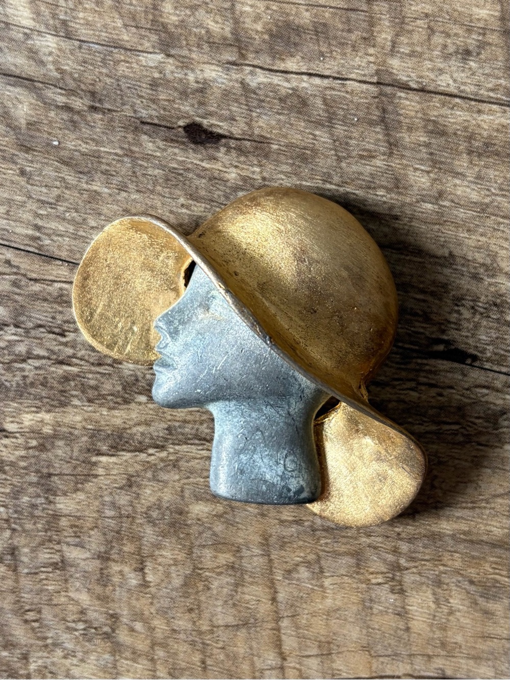 Vintage Ultra Craft Two Tone Metal Lady in Sun Hat Silhouette Profile Brooch